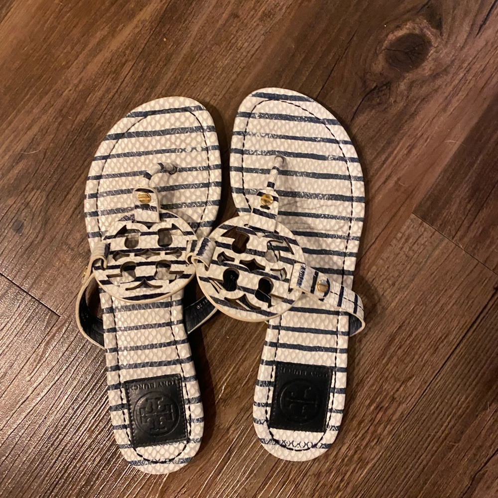 Tory Burch white and navy blue sandals